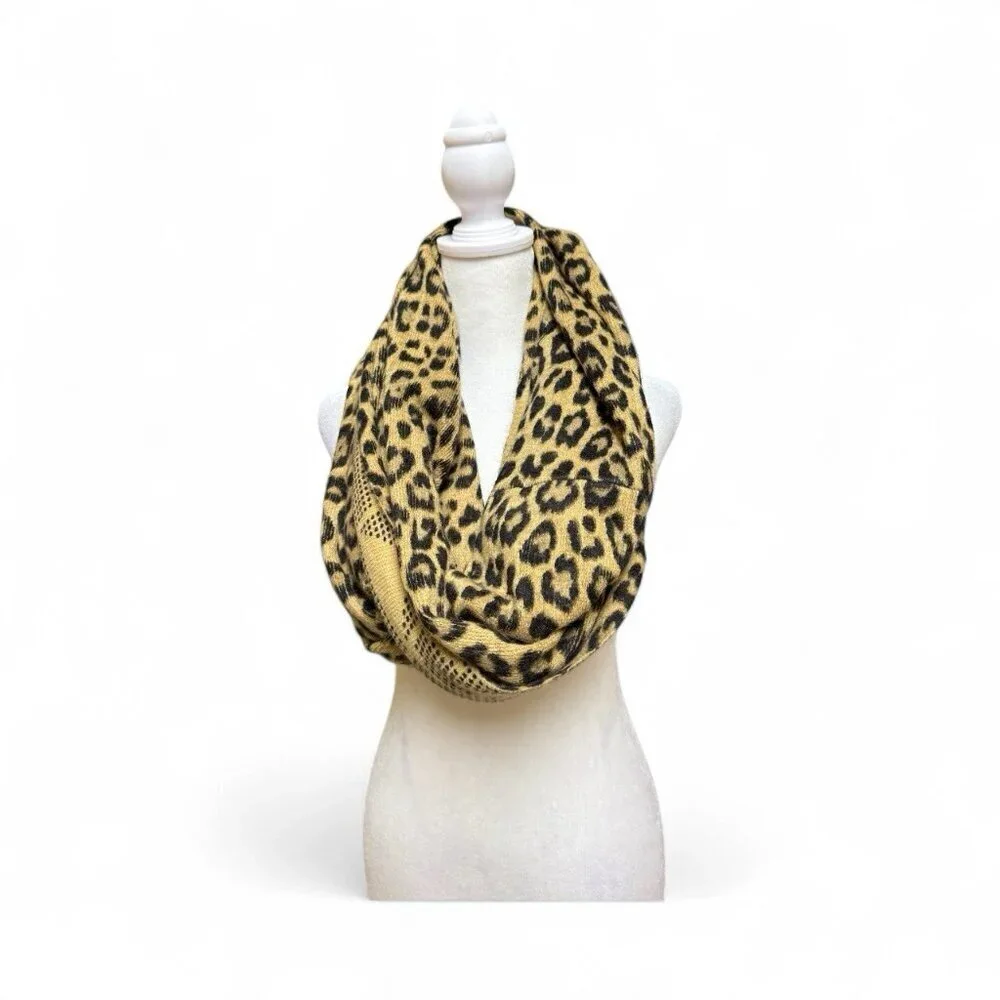 Michael Kors Reversible Infinity Scarf Leopard Print Logo Knit Tan Black
